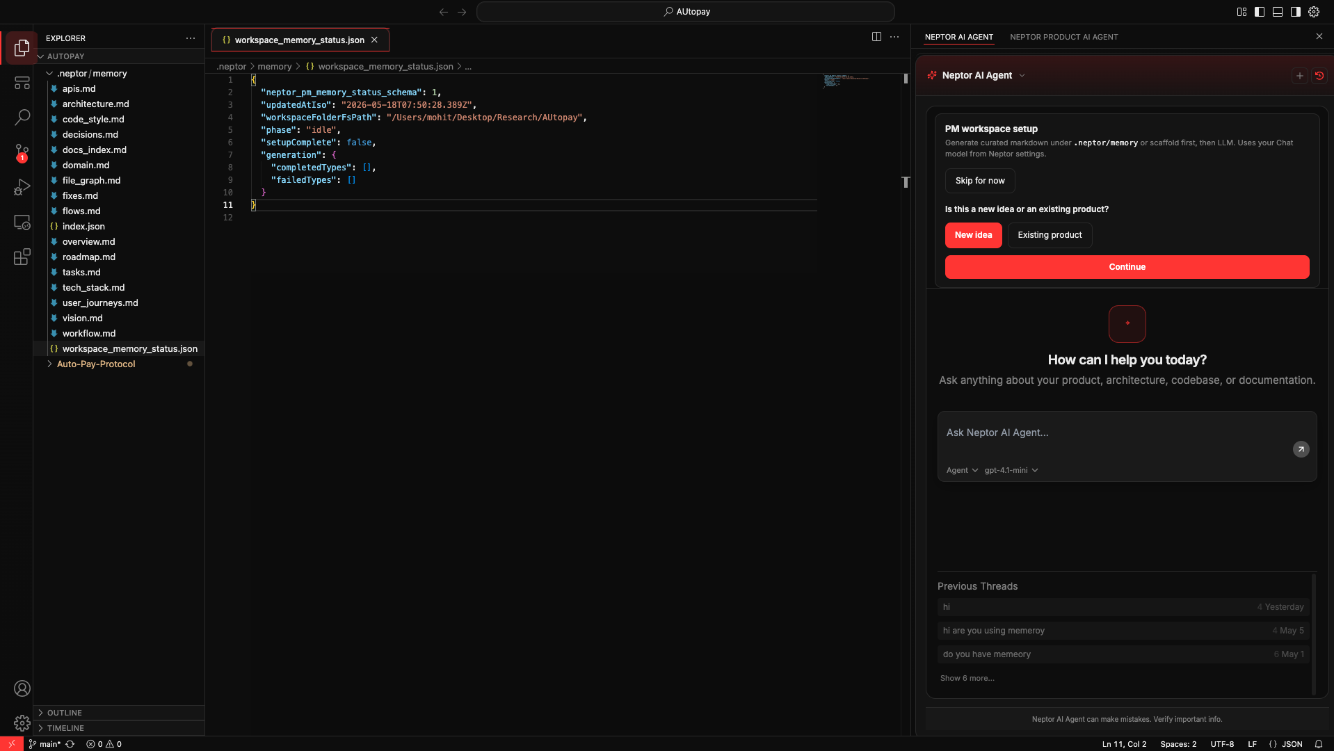 Neptor Editor workspace with memory files and agent sidebar