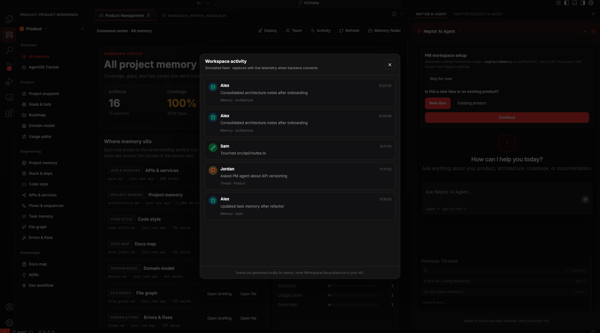 Neptor live workspace activity